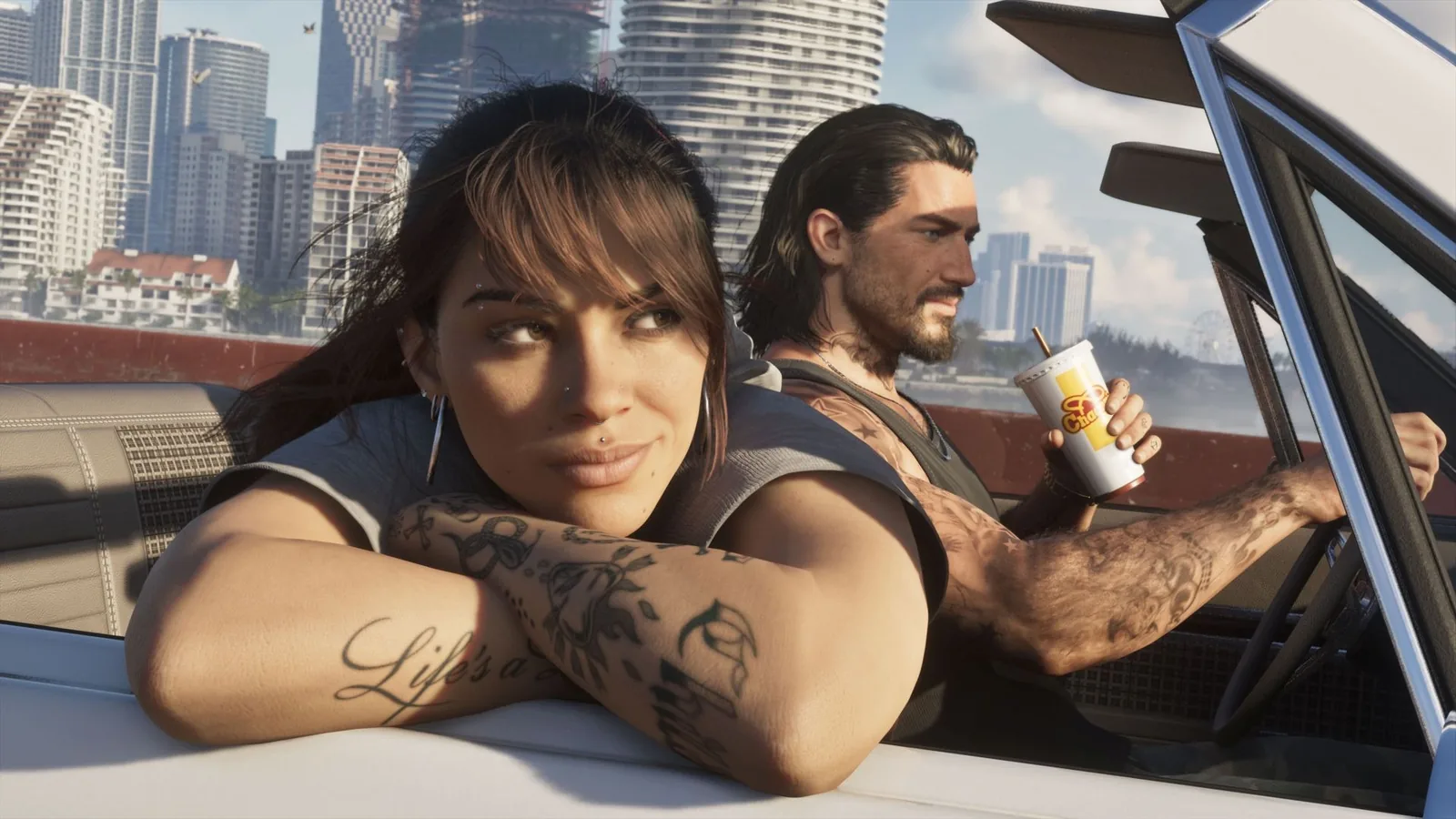 جیسون و لوسیا، شخصیت‌های اصلی GTA 6، در حال رانندگی با خودرو